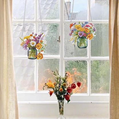 2 Pcs 5D DIY Diamond Painting Hanging Ornaments, Floral Bouquet Jar Design, Special Shaped Acrylic Diamond Art Suncatchers for Window or Wall Decor