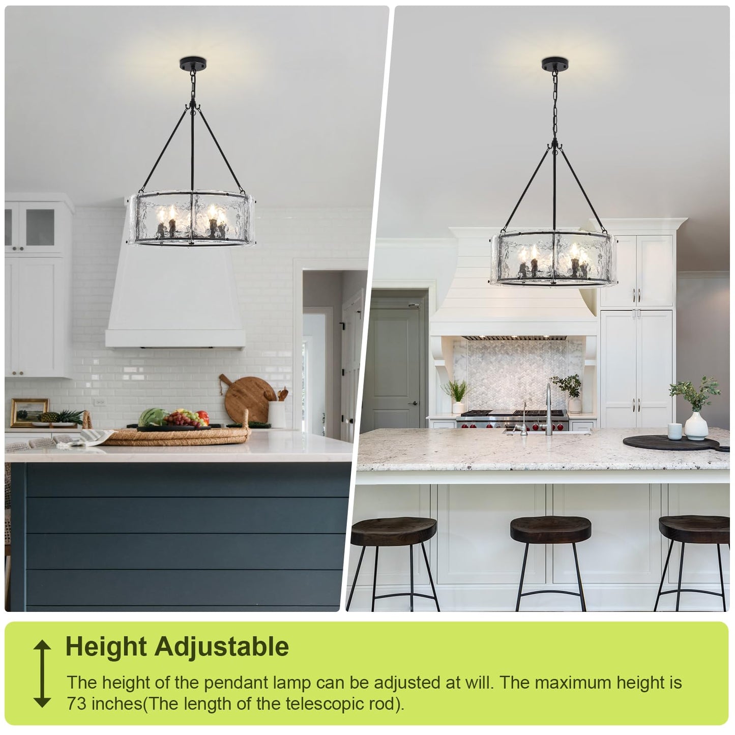 Enjoy the lights 5-Light Dining Room Light Fixture, Black Modern Drum Chandelier with Textured Glass Shade, Adjustable Farmhouse Chandelier for Foyer, Entryway, Kitchen Island, Living Room