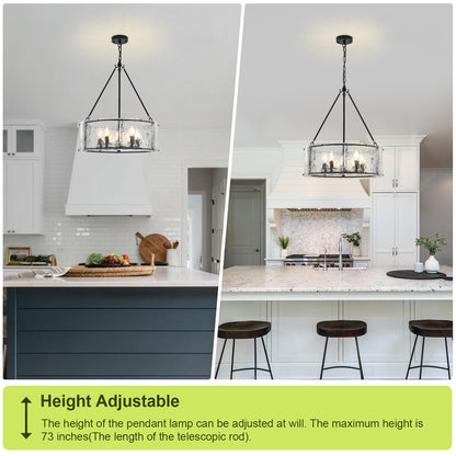 Enjoy the lights 5-Light Dining Room Light Fixture, Black Modern Drum Chandelier with Textured Glass Shade, Adjustable Farmhouse Chandelier for Foyer, Entryway, Kitchen Island, Living Room
