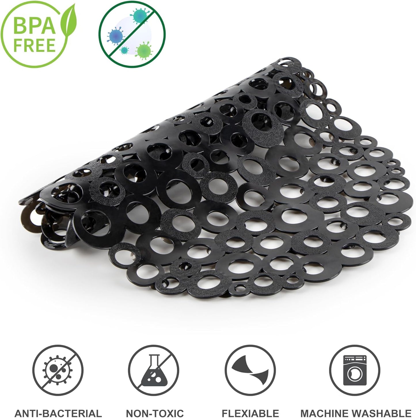 27 14 Inch WELTRXE Oval Bathtub Mat Non Slip, Black Bubbles Bath Mats for Tub, Shower Mat with Drain Holes, Suction