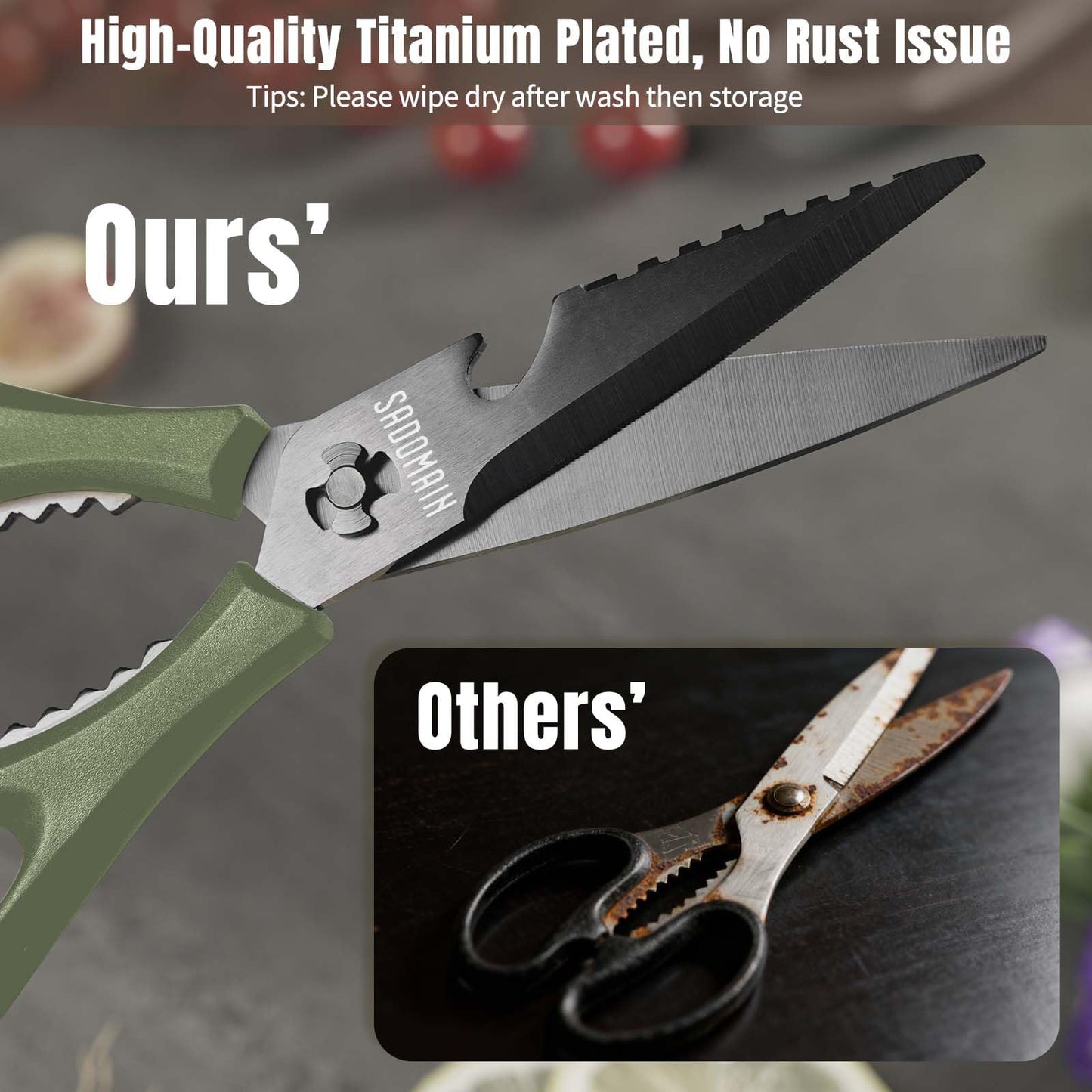 SADOMAIN Kitchen Scissors All Purpose, Extra Sharp Kitchen Shears with Knife Sharpener & Sheath, Solid & Durable Stainless Steel Scissors with ANTI-RUST Black Titanium Plated, Dishwasher Safe - Green
