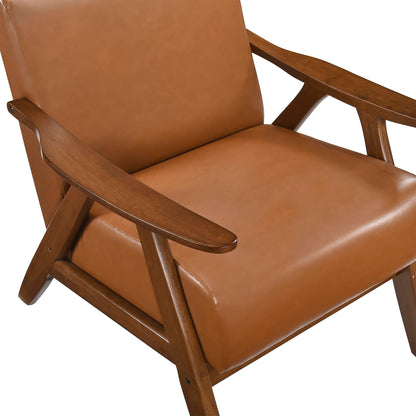 Lexicon Mid Century Modern Accent Chair with Solid Wood Frame in Walnut Finish, Faux Leather Living Room Lounge Arm Chair, Thick and Comfy Innerspring Seat Cushion, Brown