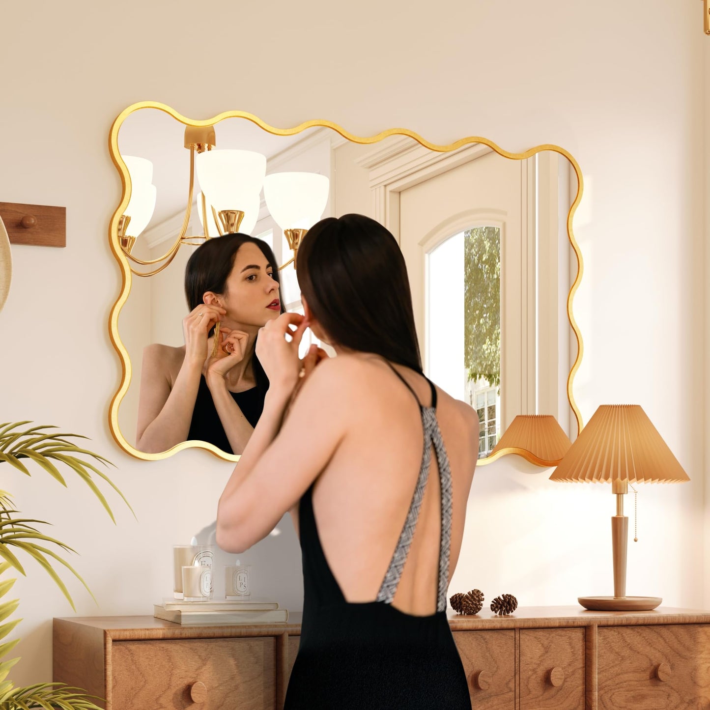 Kelly Miller 32x48 Inch Gold Scalloped Mirror, Large Rectangular Wavy Edge Bathroom Vanity Wall Mirror Decorative for Bedroom Living Room Entryway Fireplace Mantle