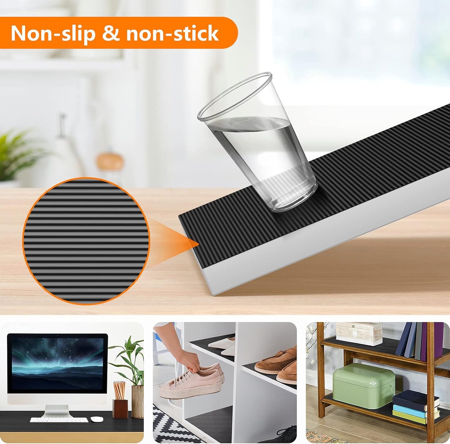 Black Shelf Liners for Kitchen Cabinets - Non-Adhesive Waterproof Washable Drawer Mat Liner for Bathroom and Pantry