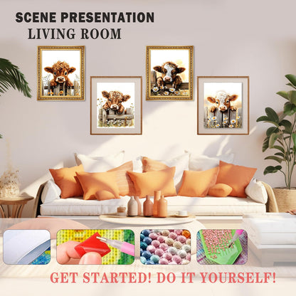 XUNLURY Rustic Highland Cow Diamond Art Kits 4 Pcs, Farmhouse Baby Highland Cow Diamond Painting Kits for Kids Adults Beginners, Full Drill Diamonds Dots for Home Decor, 9.8x11.8 Inch