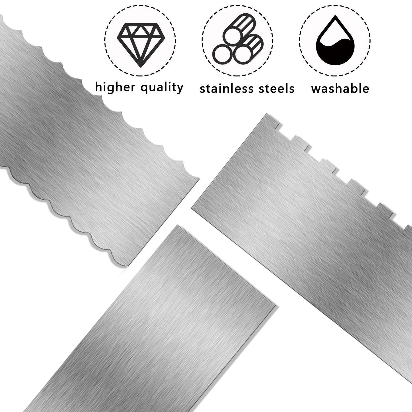 3 Piece 9 Inch Stainless Steel Cake Scraper, Cream Cake Scraper Sided Patterned Edge Stripe Edge Smoother Scraper Cake Smoother Frosting Scraper Cake Decorating Comb for Mousse Butter Cream