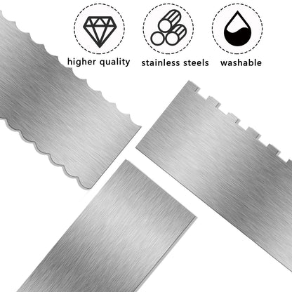 3 Piece 9 Inch Stainless Steel Cake Scraper, Cream Cake Scraper Sided Patterned Edge Stripe Edge Smoother Scraper Cake Smoother Frosting Scraper Cake Decorating Comb for Mousse Butter Cream