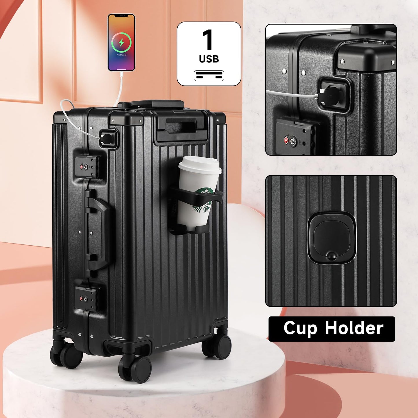MYER Hard Case 26 Inch Checked Luggage with Spinner Wheels,Aluminum Luggage with 100% 3-Layer PC,Hard Shell Suitcases with Wheels,Cup Holder and USB Port
