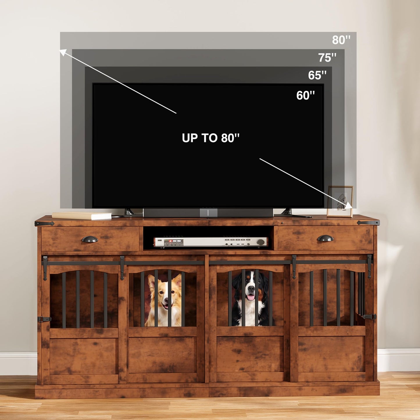 Homiflex 72" Double Dog Crate Furniture with Storage for 2 Medium Large Dogs Farmhouse Wooden Dog Kennel Furniture with 2 Sliding Doors Divider & Power Outlets Decorative Dog Cage TV Stand, Brown