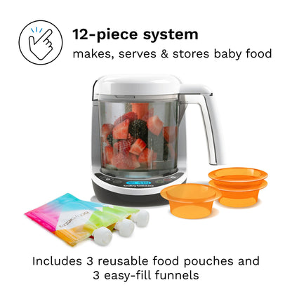 Baby Brezza One Step Baby Food Maker Deluxe – Auto shut Off, Dishwasher Safe Cooker and Blender to Steam + Puree Organic Food for Infants + Toddlers - Set of 3 Pouches + 3 Funnels
