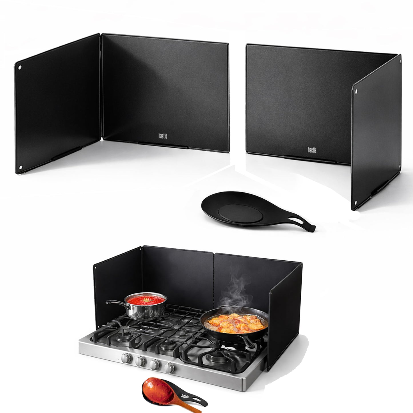 Extra-Large 2-Piece Splatter Guard (15.7” x 15.7”), Heavy-Duty, Commercial-Quality Stainless Steel Oil Splash Shield with Foldable 2-Panel Design & Silicone Spoon Rest by Baetle