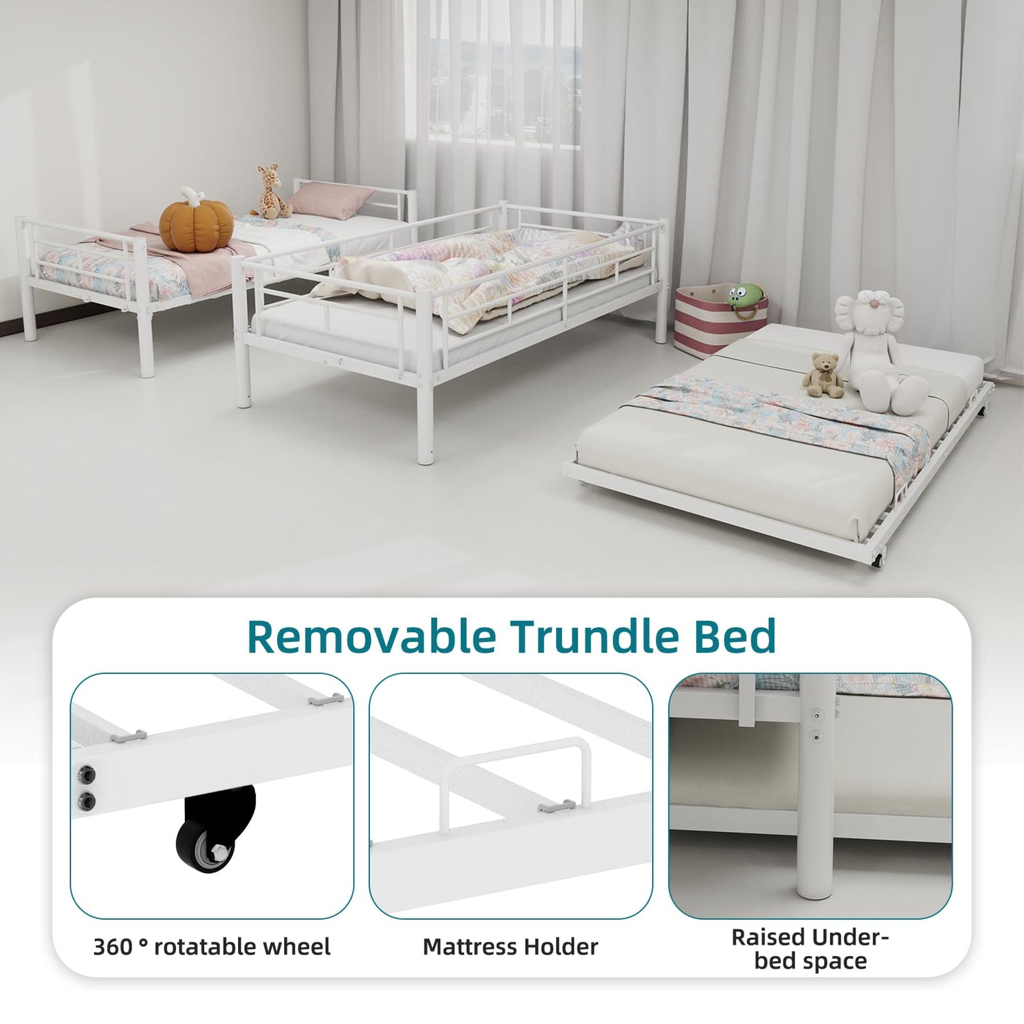 KEIKI Twin Size Triple Bunk Bed w/Trundle,Heavy Duty Metal Convertible Platform Bed Frame with Ladder & Full-Length Guardrail, for Teens, Adults, Noise Reduced, No Box Spring Needed,White
