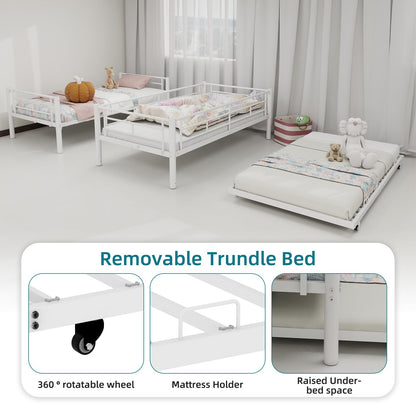 KEIKI Twin Size Triple Bunk Bed w/Trundle,Heavy Duty Metal Convertible Platform Bed Frame with Ladder & Full-Length Guardrail, for Teens, Adults, Noise Reduced, No Box Spring Needed,White