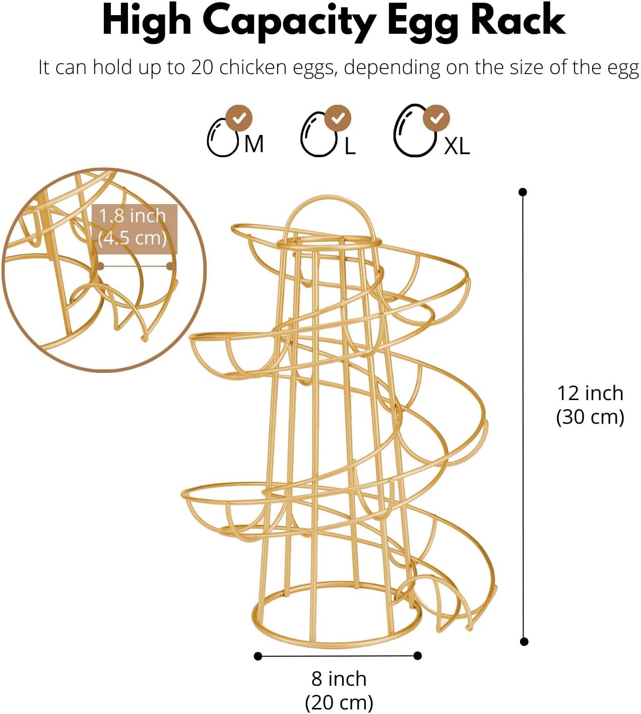 Flexzion Modern Spiral Egg Skelter, Freestanding Gold Countertop Egg Holder for Fresh Eggs Display