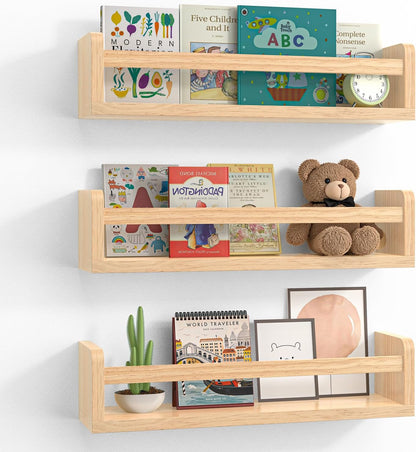 16.5 Inch Set 3 Floating Wall Nursery Book Shelves for Bedrooms Kids Natural Color Wooden Baby Book Shelf for Kids