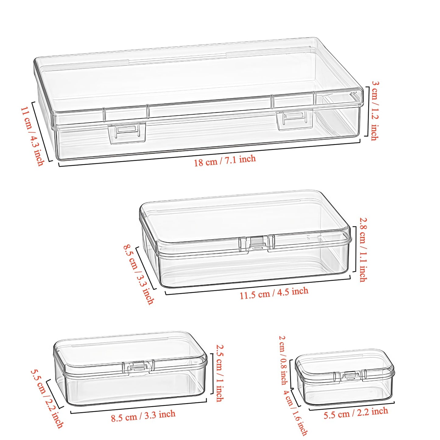 Goodma 24 Pieces Mixed Sizes Rectangular Empty Mini Clear Plastic Organizer Storage Box Containers with Hinged Lids for Small Items and Other Craft Projects