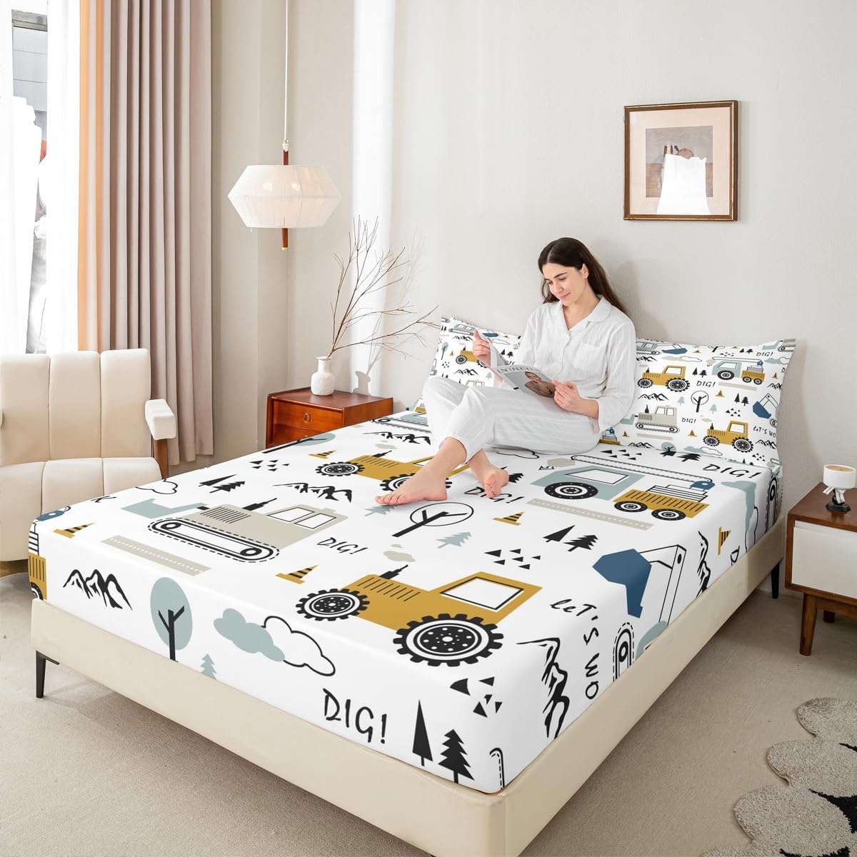 Set Set 3Pcs Feelyou Cartoon Car Kids Fitted Sheet Construction Bed Sheet Decor Equipment Trucks Bedding Cartoon Car