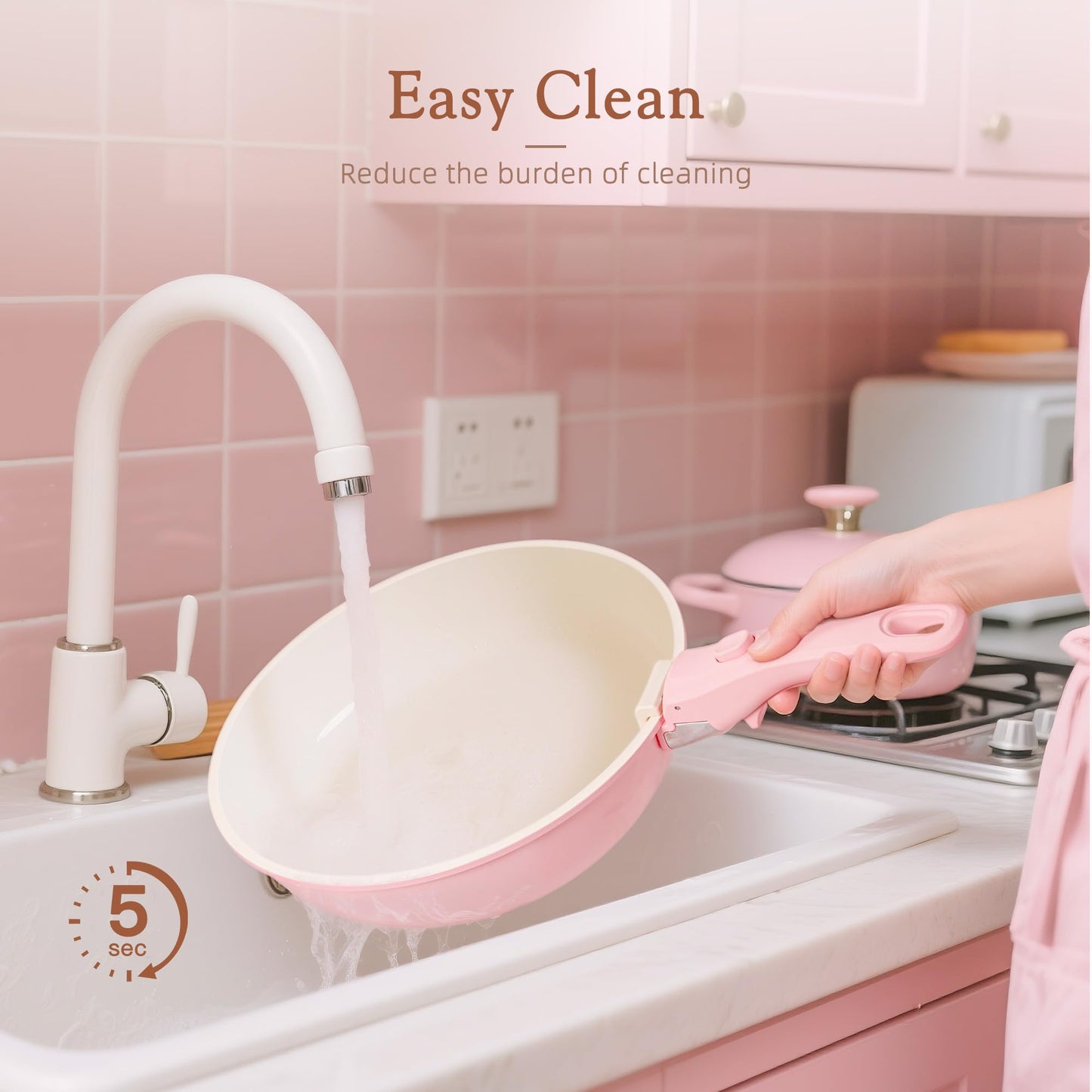 Astercook 21 Pcs Pots and Pans Set Non Stick, Ceramic Cookware Set Detachable Handle, RV Kitchen Cooking Set Removable Handles, Oven Safe, Induction Ready, Stackable, Pink, Mothers Day Gifts