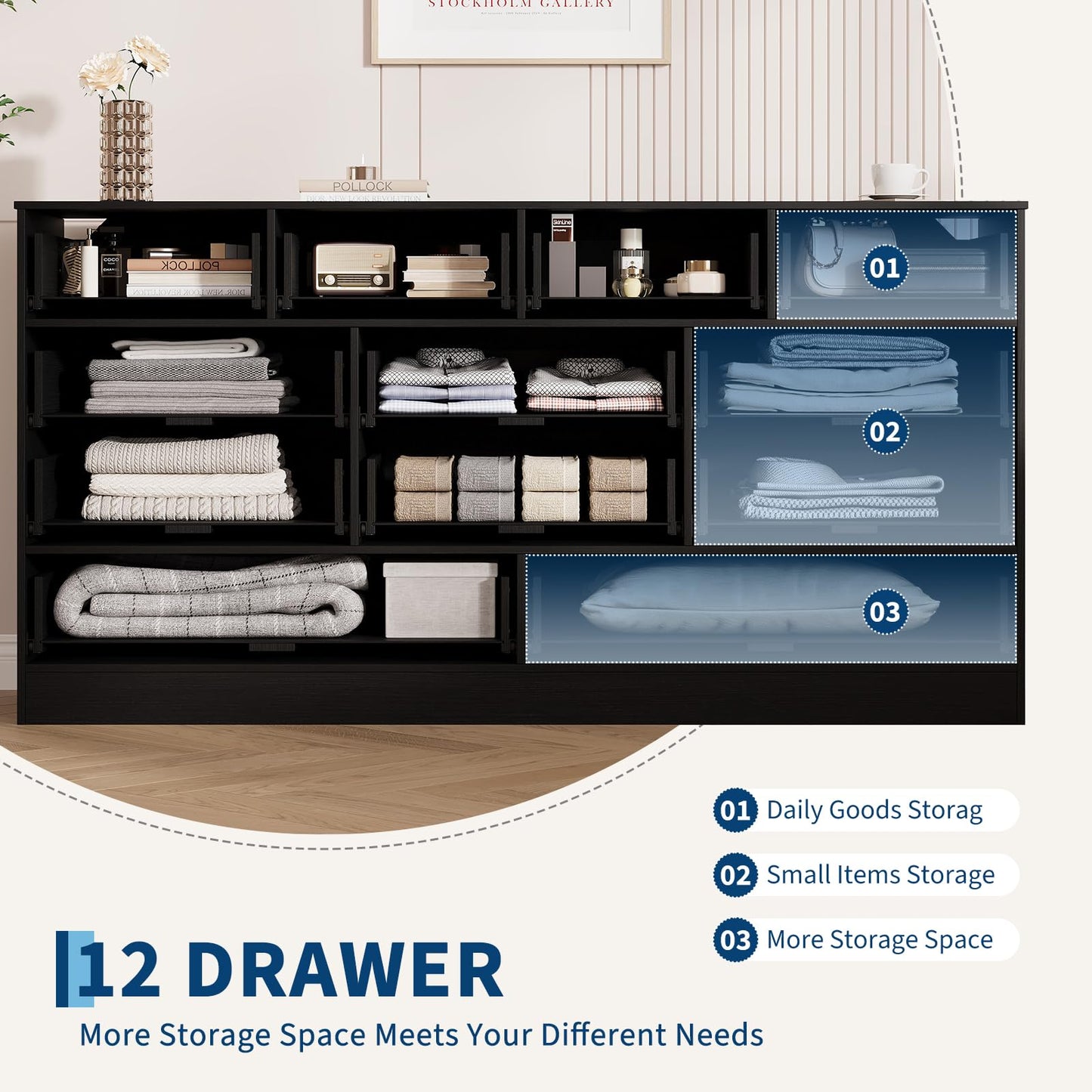 Garvee Wooden Dressers for Bedroom with 12 Drawer, Black Dresser for Adult Bedroom, Modern Wood Chest of Drawers for Living Room, Closet, Hallway, Farmhouse TV Stand Dresser for 75" TV, 61" W×31.5" H