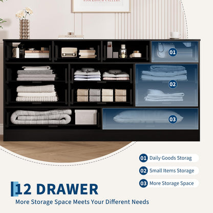 Garvee Wooden Dressers for Bedroom with 12 Drawer, Black Dresser for Adult Bedroom, Modern Wood Chest of Drawers for Living Room, Closet, Hallway, Farmhouse TV Stand Dresser for 75" TV, 61" W×31.5" H
