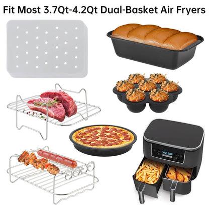 Dual Basket Air Fryer Accessories 9Pcs, Fit for Ninja Dual Air Fryer DZ201, DZ401, DZ550 & Most 8QT - 10QT and Larger Dual Zone Air Fryer, Include Cake Pizza Pan, Racks & Skewer, Paper Liner, etc