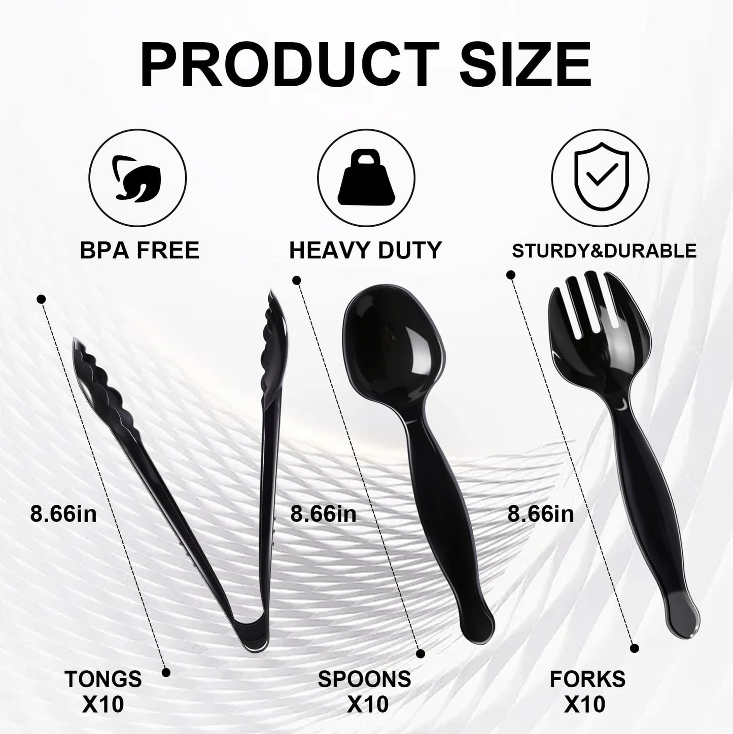 ALEXPRE 30 Pcs Disposable Black Plastic Serving Utensils,10 Set Including 9" Plastic Serving Spoons, Forks and Tongs for Dinner Parties, Buffets,Banquets, Events, Weddings, and Daily Use