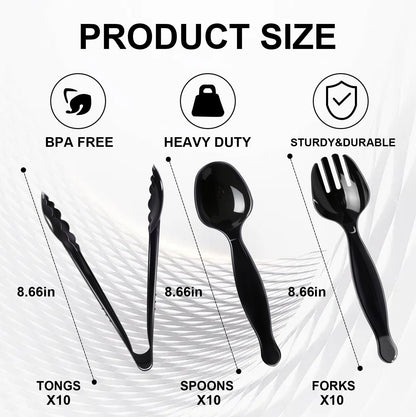 ALEXPRE 30 Pcs Disposable Black Plastic Serving Utensils,10 Set Including 9" Plastic Serving Spoons, Forks and Tongs for Dinner Parties, Buffets,Banquets, Events, Weddings, and Daily Use