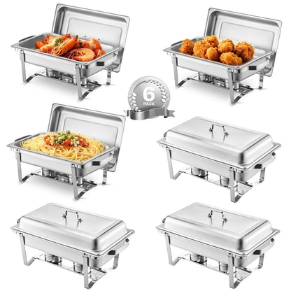 VEVOR Chafing Dish Buffet Set, 8 Qt 6 Pack, Stainless Chafer with 6 Full Size Pans, Rectangle Catering Warmer Server with Lid Water Pan Folding Stand Fuel Holder Tray Spoon Clip, at Least 8 People Eac
