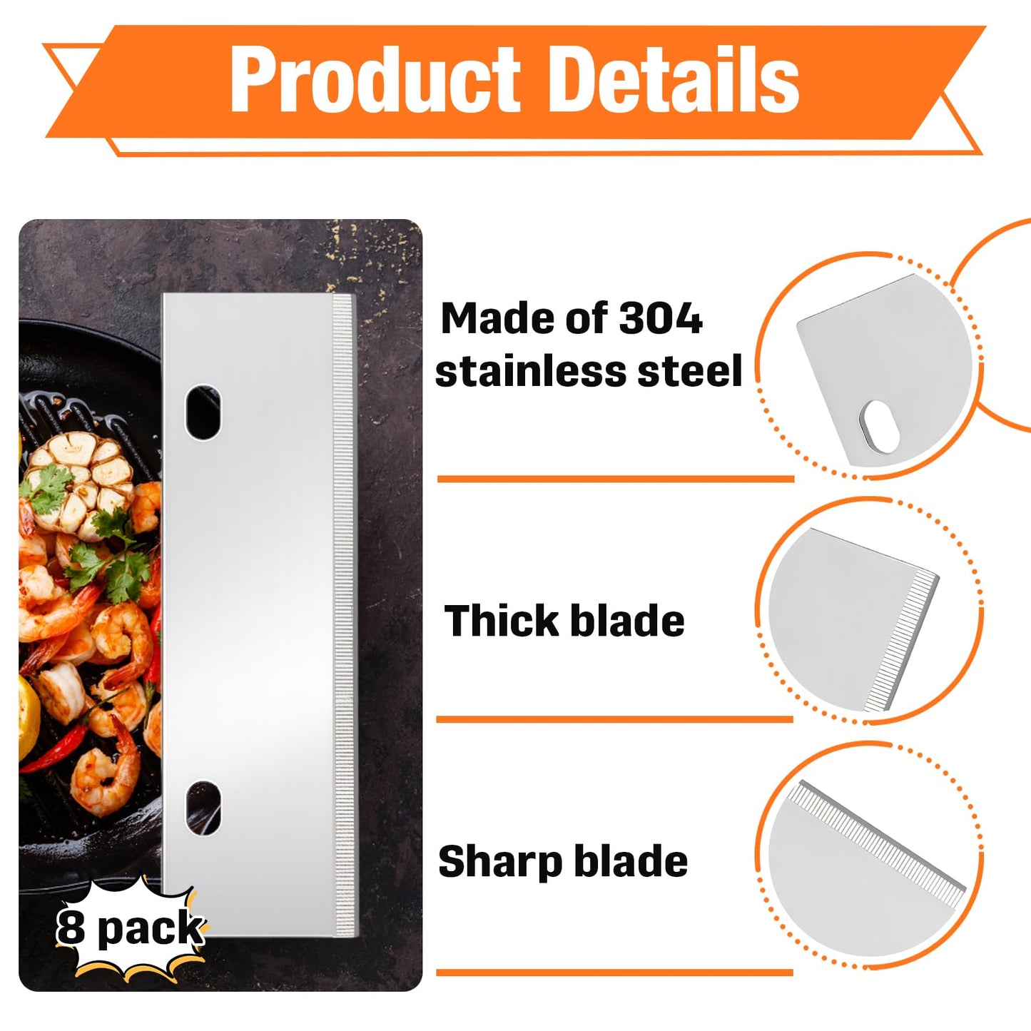 Hyparade 8-Pack Grill Scraper Blades Replacement - Stainless Steel Blades for Griddle & BBQ, Outdoor BBQ Tools & Accessories Blades Included