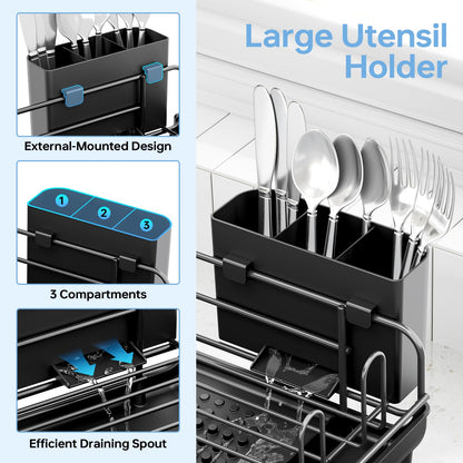 TOOLF Large Dish Drying Rack, Expandable Dish Rack for Kitchen Counter, Multifunctional Dish Drainer, Organization and Storage Essentials with Cup & Cutlery Holders, 16.7"-26.8" L x 12.6" W, Black