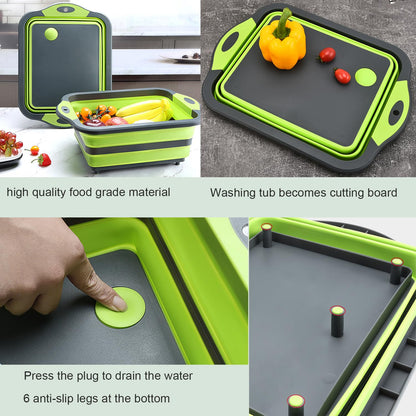 Camping Collapsible Cutting Board Dish Basin BBQ Prep Tub Camp Sink Dish Washing Station Multifunctional Storage Basket(Grey white)