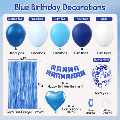 Blue Birthday Decorations for Women Men with Metallic Pastel Navy Blue Confetti White Foil Balloons Fringe Curtain Banner for 1st 15th 16th 18th 21st 25th Men Birthday Decorations