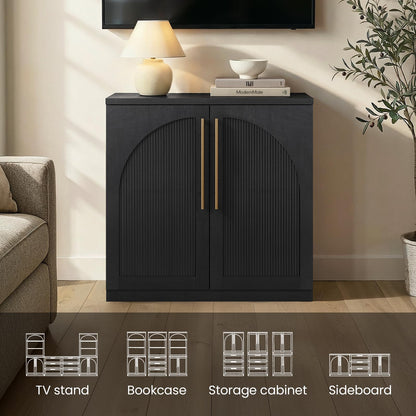 ModernMate Set of 2 Arched Sideboard Cabinets, 62" Modular Storage Buffet Table with Wave-Panel Doors, Black Wood Grain Media Console with Soft-Close Hinges for Living Room