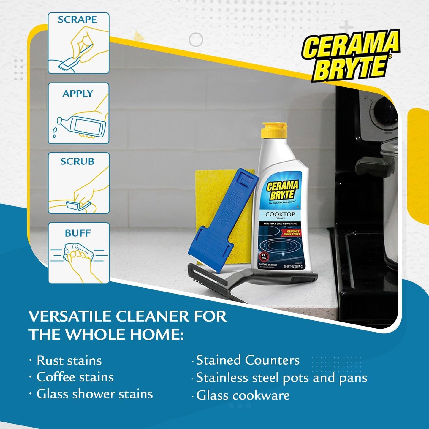 Cerama Bryte Complete Cooktop Cleaning Kit, 10 Cleaner Pads, 1 POW-R Grip Tool, 1 Scraper, and 1 Microfiber Cloth, 28 Fl Oz