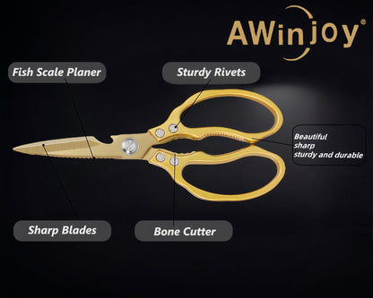 AWinjoy Japanese Gold Kitchen Scissors, Heavy Duty Stainless Steel, Multipurpose Cooking Shears, Dishwasher Safe