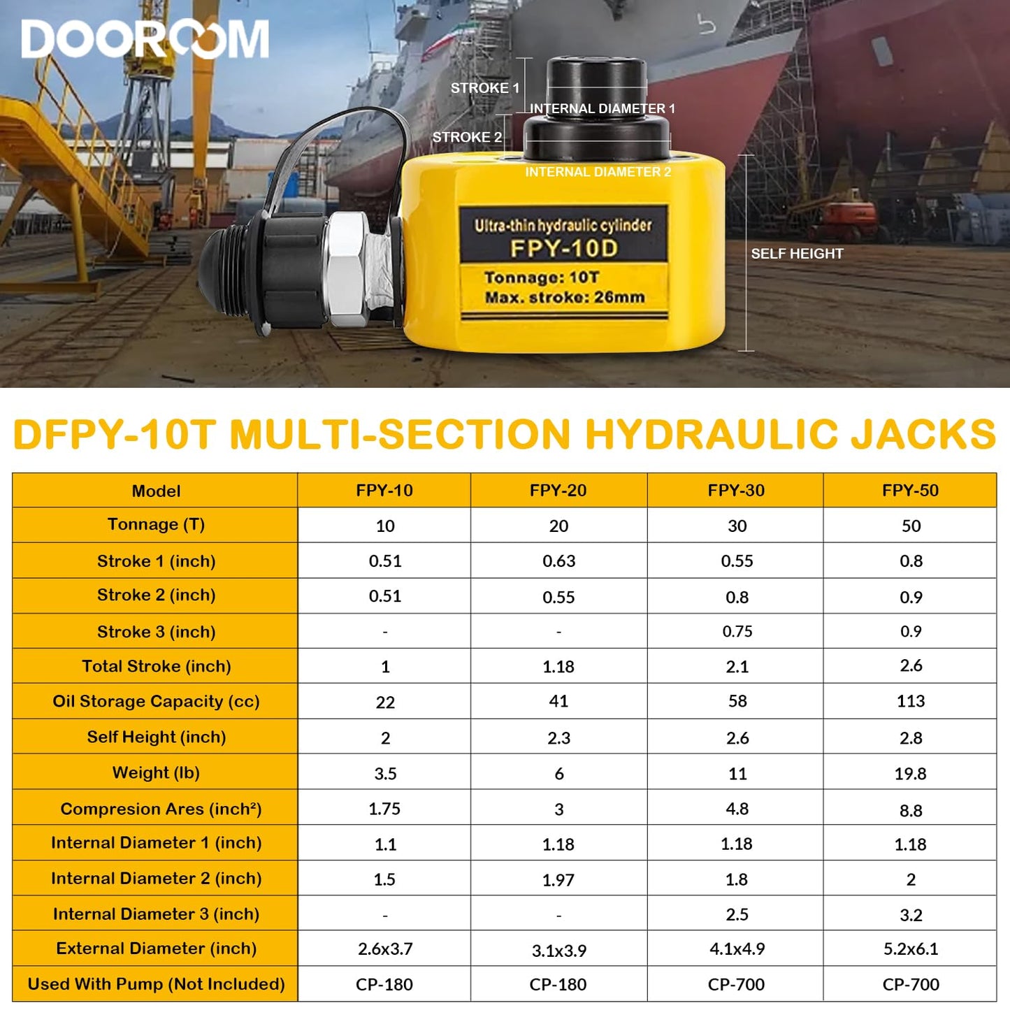 DOOROOM 10T 1.0"/26mm Stroke Hydraulic Cylinder, Porta Power Ram with CP-180 Hydraulic Hand Pump, Hydraulic-Lifting-cylinders