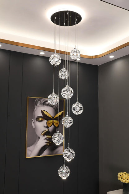 KAUCQI 10-Light High Ceilings Long Chandeliers Modern Crystal Staircase Chandelier Hanging Flush Mount Lighting Fixtures for Spiral Staircase,Foyer,Entryway