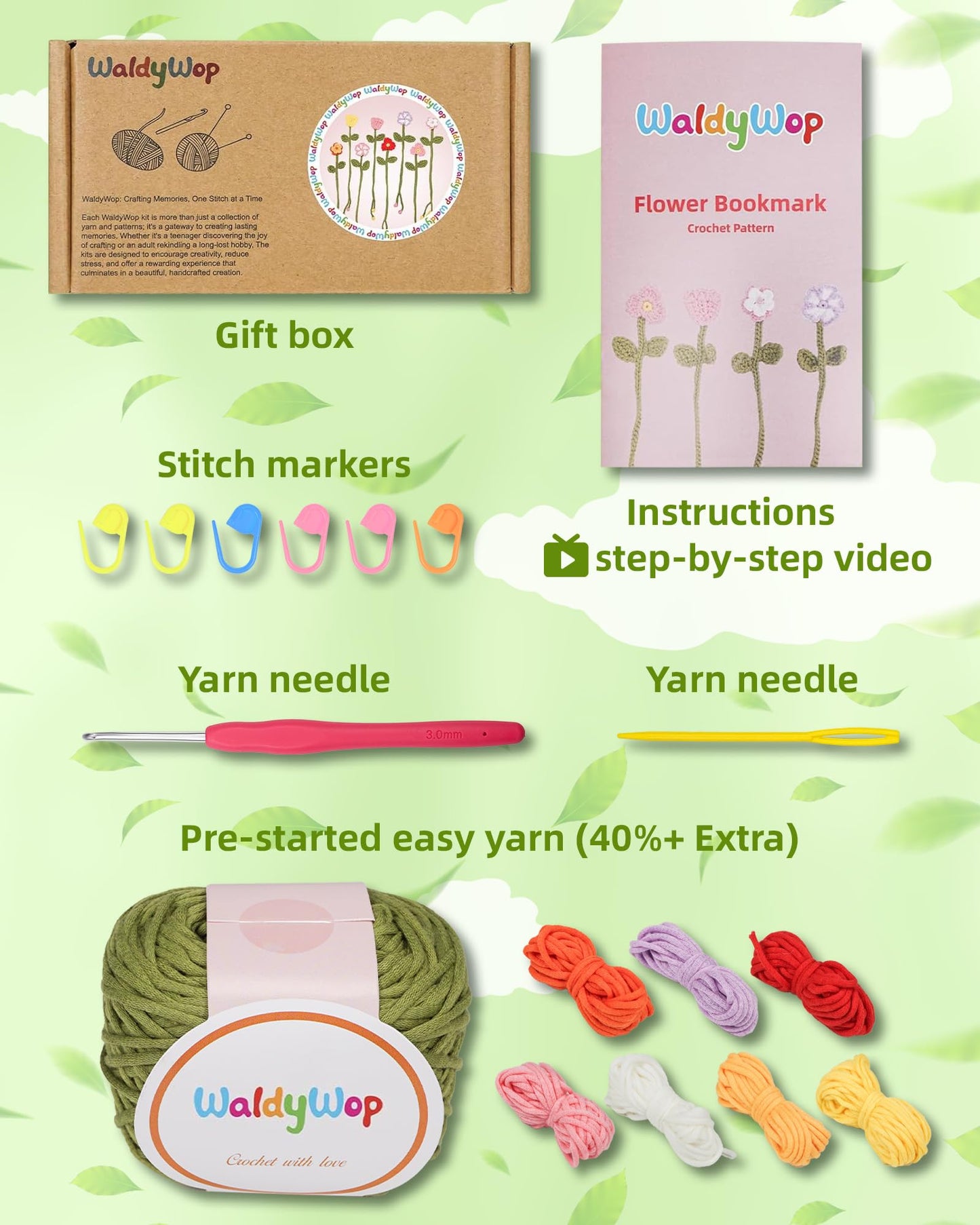 WaldyWop Crochet Kit for Beginners - 8 Flower Bookmarks Knitting Kit w/Step-by-Step Video Tutorials & Soft Yarn, Hook - Wobbles DIY Art Craft Kit for Adults, Birthday Gifts for Women Teen