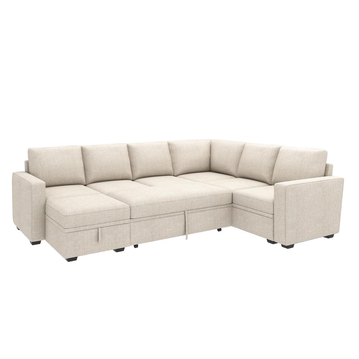 HONBAY Modular Sectional Sleeper Sofa with Pull Out Bed, U Shaped Sectional Couch with Storage Ottoman, Sleeper Sectional Couches for Living Room, Beige