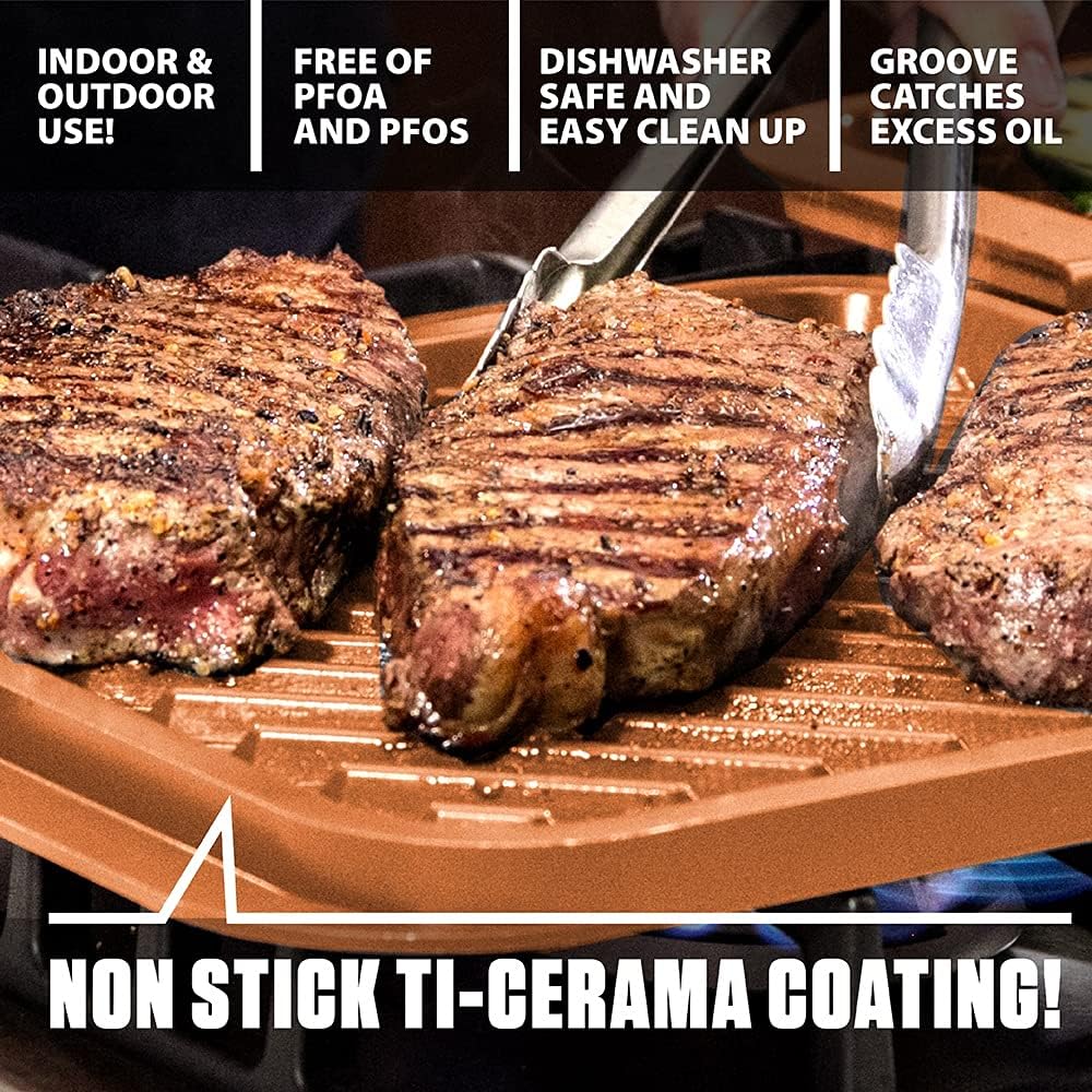 Gotham Steel XL Nonstick 2 in 1 Griddle Pan & Grill Pan, Reversible Copper Griddle for Stovetop & Outdoor Use