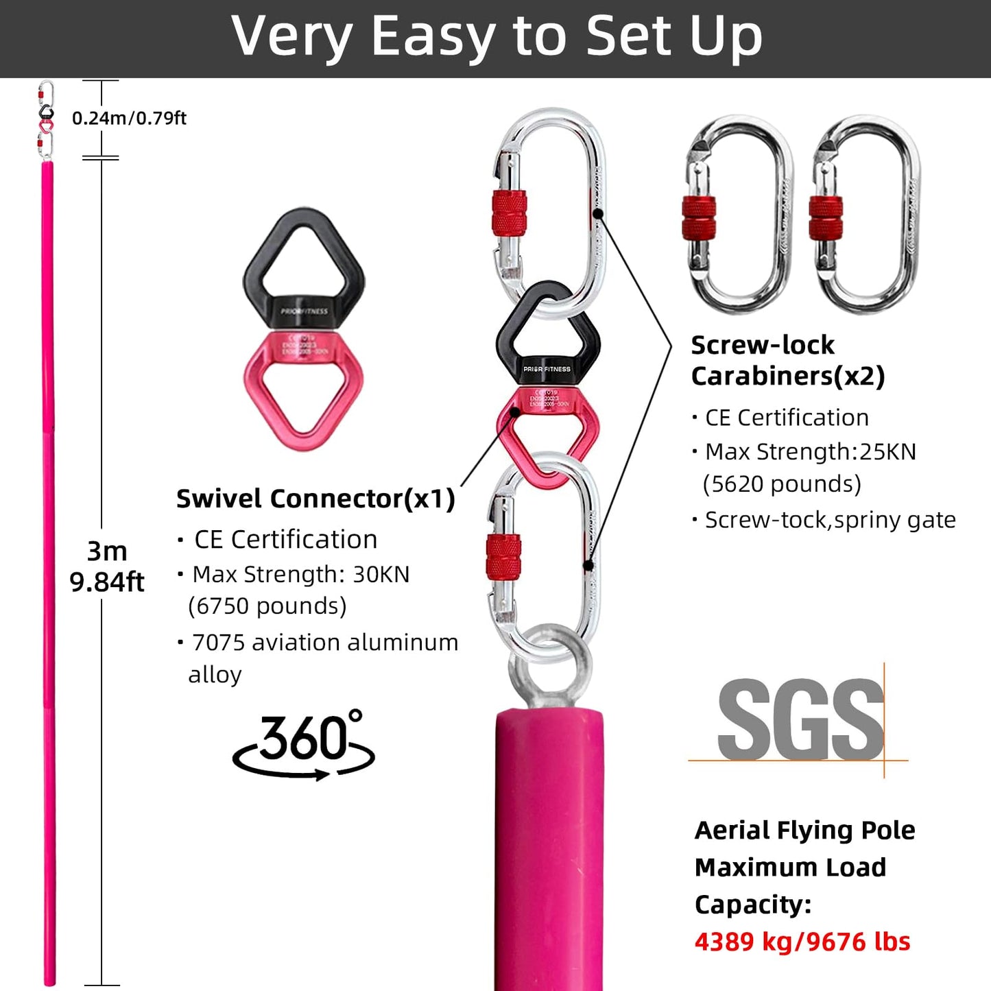 PRIOR FITNESS Aerial Flying Pole Set, Pink 3m Aerial Dance Pole W/Non-Slip Silicone Cover, SGS Professional Hanging Pole with Rigging Hardware, Portable for Home, Gym, Dance Club & Party