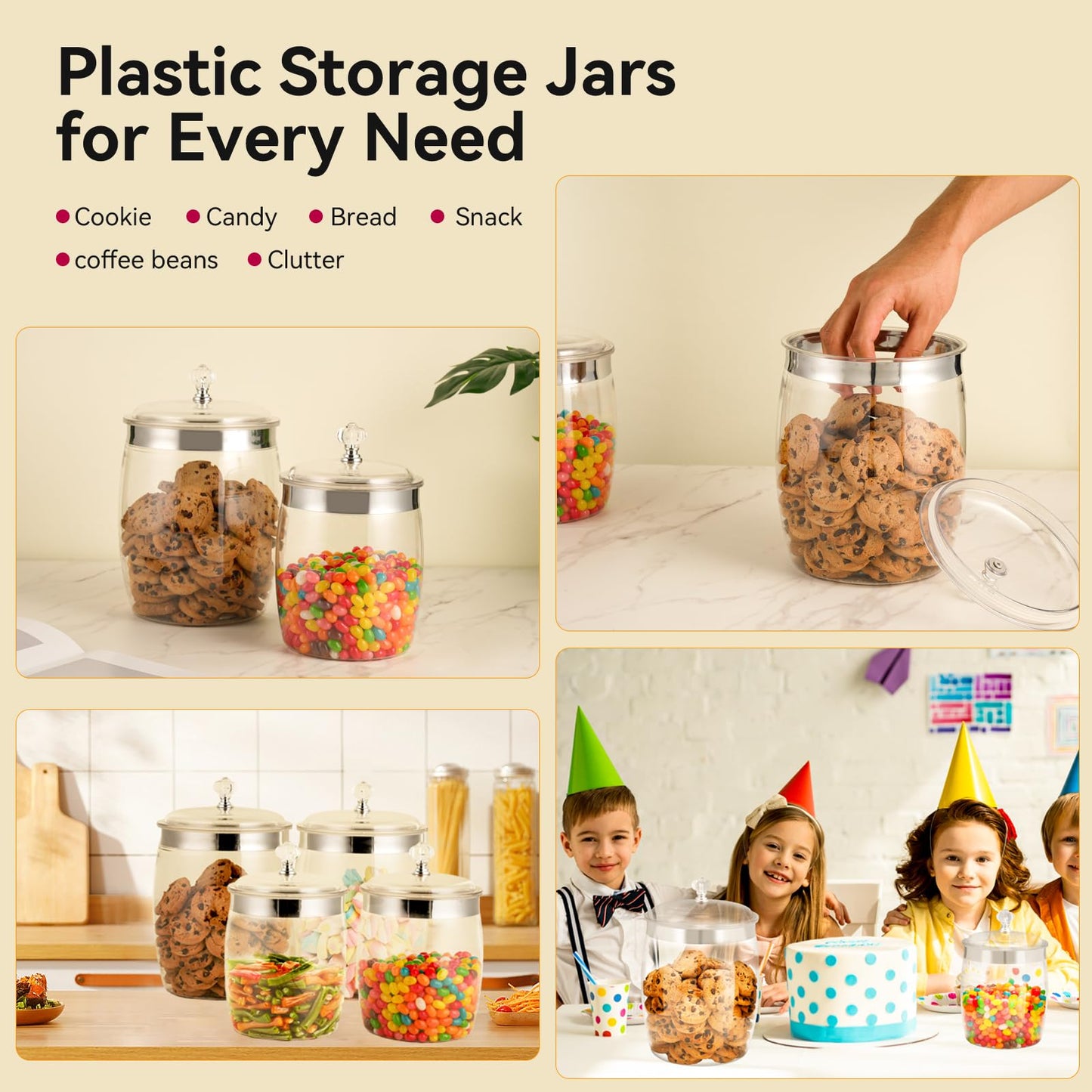 Wagrvuy 2 Pcs Candy Cookie Jar with Lids - 128 Oz & 74 Oz Plastic Clear Airtight Containers Large Kitchen Pantry Food Apothecary Storage Sealed Canisters for Coffee Cereal Pasta Flour Rice Snack