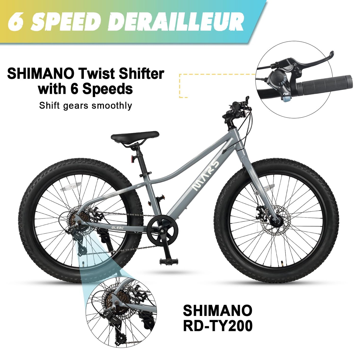 Glerc Mars Kids Mountain Bike, 24 Inch Fat Tire Bike for Teen Ages 8-14 Year Old, Bicycle with 2.8-Inch Wide Tires and 6 Speed Drivetrain, Gray