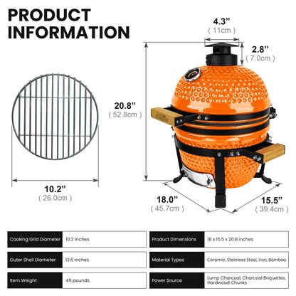 Upgraded 13 inch Ceramic Kamado Grill with Waterproof Air Vent Cap | Portable Tabletop Charcoal BBQ Grill Smoker for Outdoor Cooking, Patio, Camping | Orange