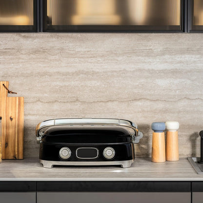 SMEG MGF01 Multi-Use Countertop Electric Grill, with Interchangeable Plates, Panini Press, Waffle Maker & Grill, LCD Display, Sear Function, Adjustable Temperature, 50’s Retro Style – (Black)