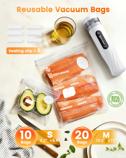 Compact Vacuum Sealer for Food (Vacuum Sealer Machine + 30 Reusable Vacuum Sealer Bags), Powerful Handheld Vacuum Sealer Machine with Lock Function, Preserve 8X Freshness, Portable for Travel
