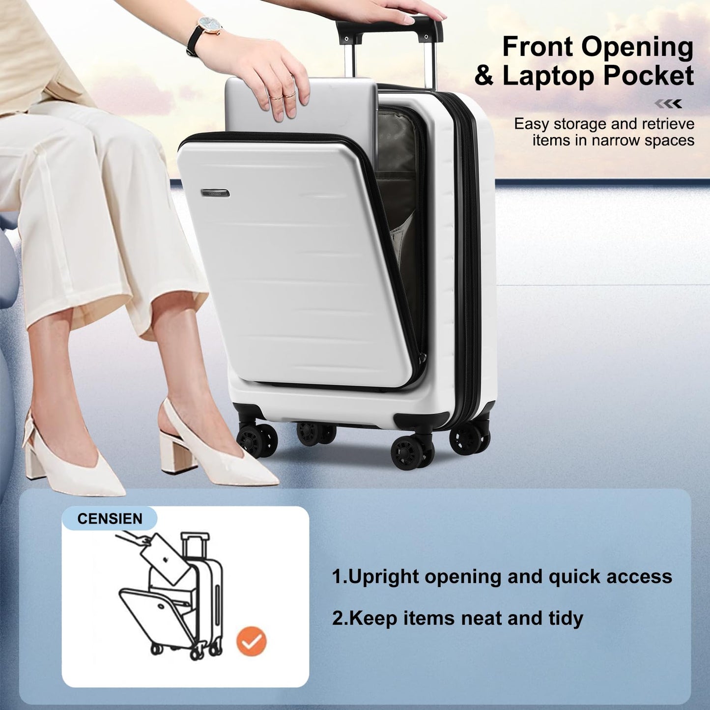 CENSIEN Luggage Sets 2 Pieces, 20 Inch Carry On Luggage and Expandable 28 Inch Checked Luggage with Spinner Wheels, Lightweight ABS+PC Hard Shell Suitcase with Front Opening, TSA Lock (White, 20/28)