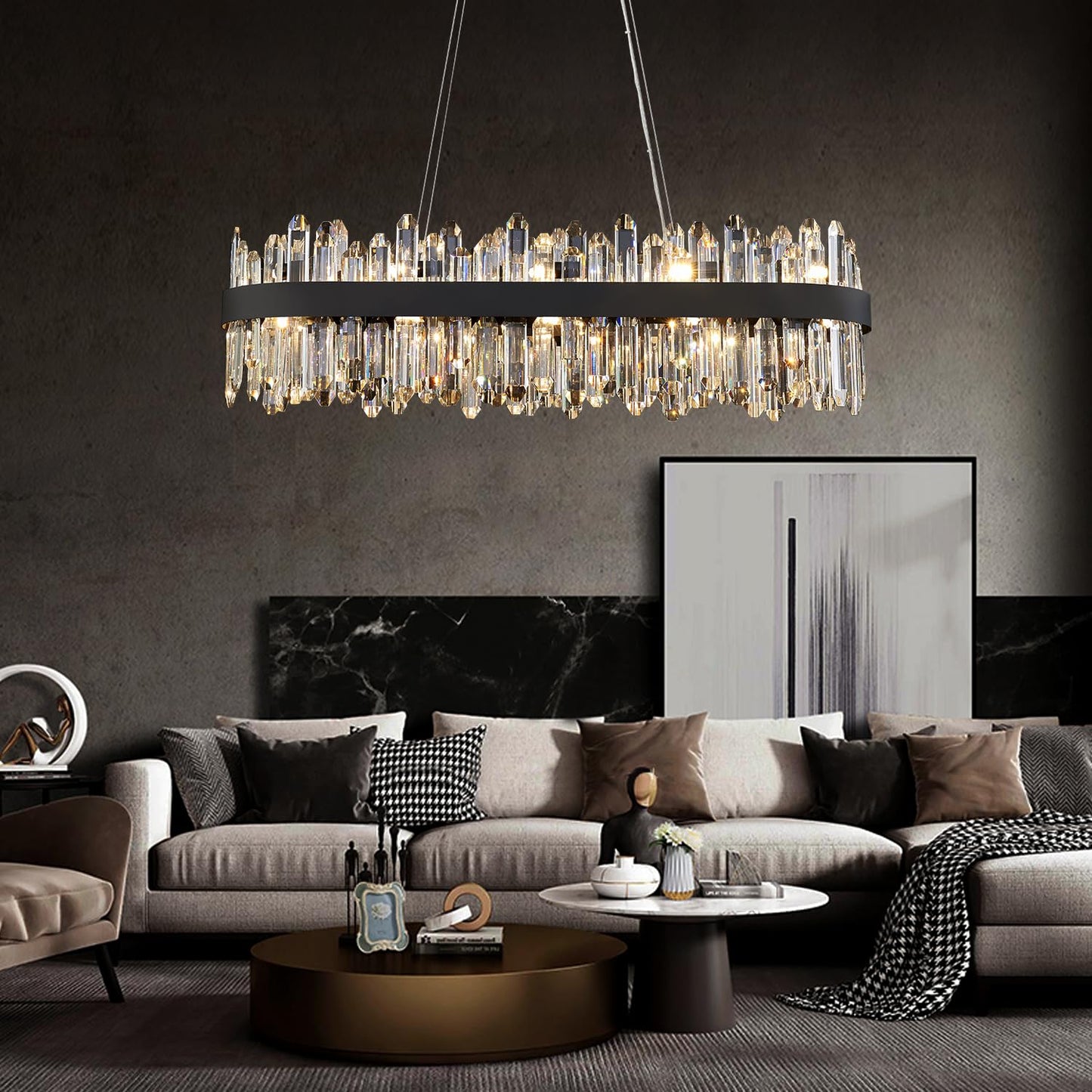 DUNFIZZ Modern Rectangular Crystal Chandelier, 20-Lights Black Raindrop Chandelier Lighting Contemporary Pendant Ceiling Light Fixture for Dining Room Living Room Kitchen Island L35.4''