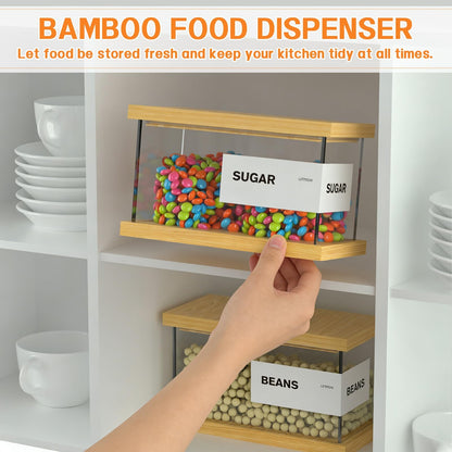 Liitrton Bamboo Food Dispenser 2 PCS -1.2L Airtight Cereal Containers with Bamboo Lids & 12 Labels, Kitchen Pantry Organizers and Storage for Cereal Flour Snack Sugar Storage Container