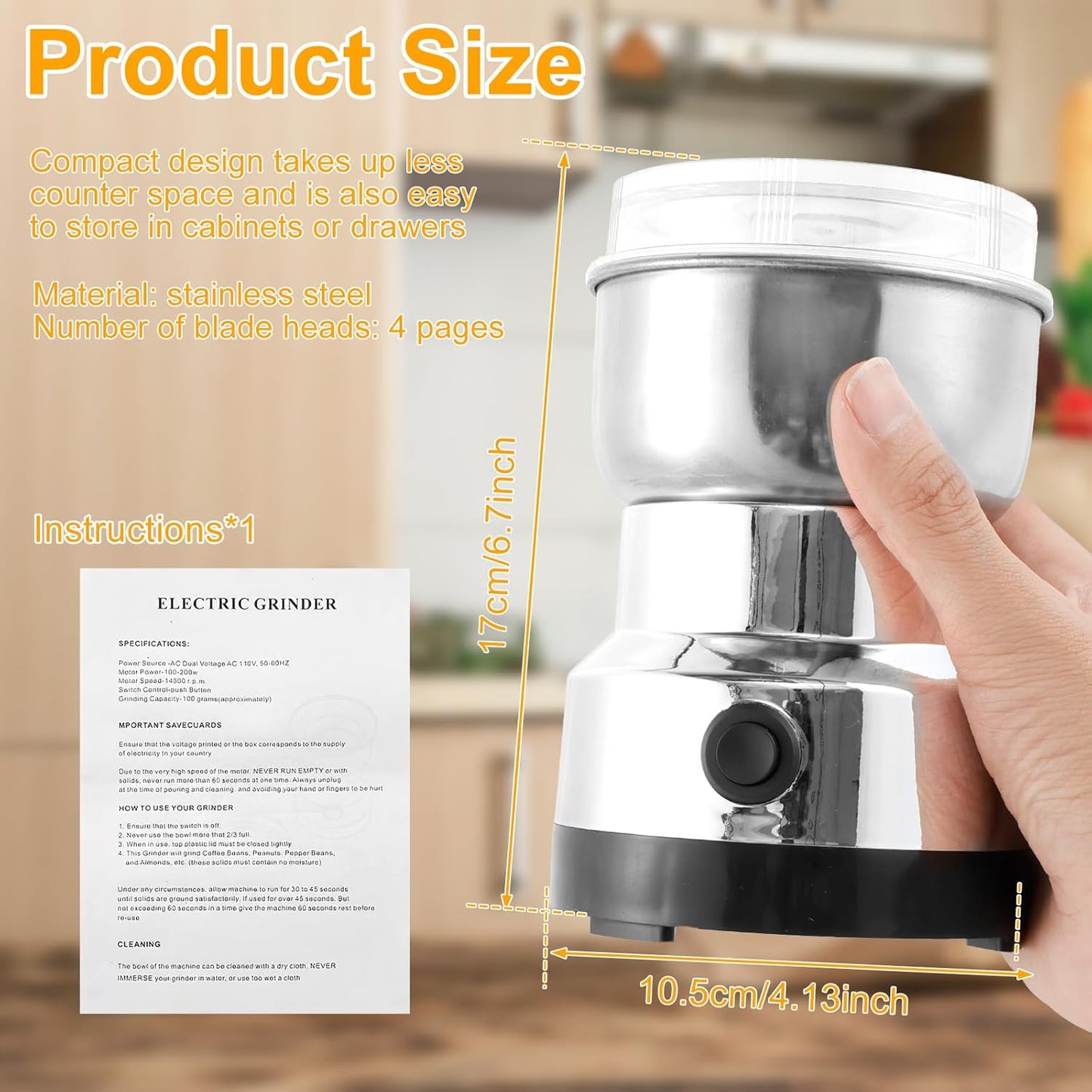 Electric Coffee Grinder, Mini Spice Grinder with 4 Stainless Steel Blades, 300ml Portable Mill Grinder for Home Kitchen